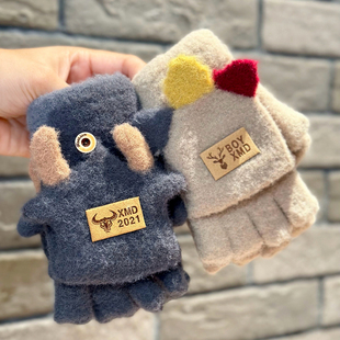 男童儿童手套冬季保暖半指翻盖男孩小学生中大童上学写字露五指头