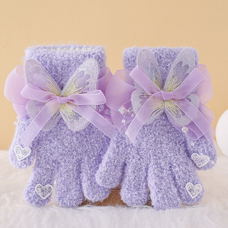 儿童冬天手套女孩公主冬季保暖可爱蝴蝶结女童小朋友毛线分指手袜