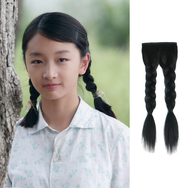 假发双辫子麻花双马尾 黑色清纯可爱少女假发红军造型假发带卡