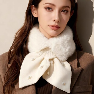 冬季新款毛领围脖女秋冬新款时尚毛绒小围巾交叉防寒护颈保暖脖套