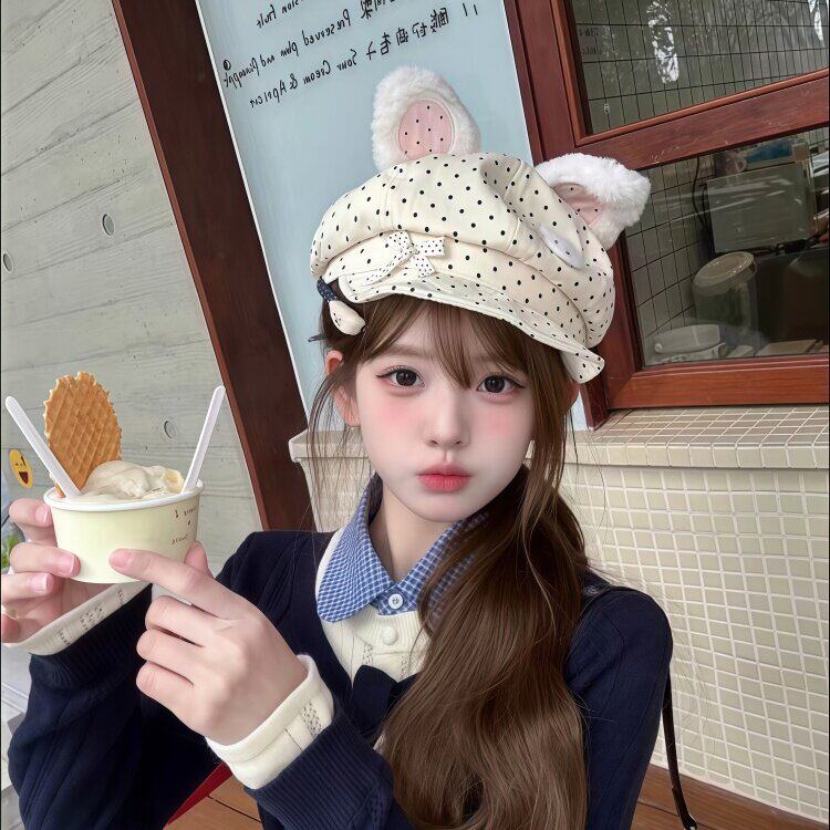 原创兔耳朵波点可爱贝雷帽子女秋季新款甜美百搭显脸小文艺八角帽