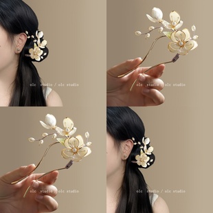 琼花逸雅情！新中式玉兰花u型发簪女2025新款高端发夹旅行发卡女