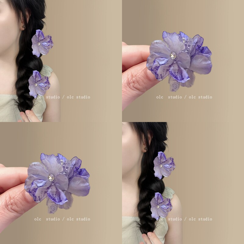 芷间蝶花~超仙紫色山茶花朵抓夹女侧边半扎发发卡拍照盘发器