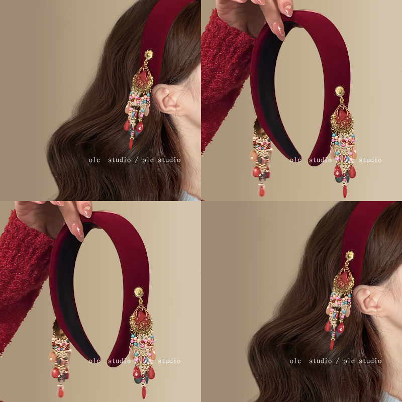 苗疆红~丝绒流苏发箍波西米亚风