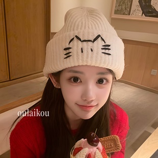 线条小猫帽子女冬2025新款秋冬时尚洋气显脸小可爱刺绣针织毛线帽