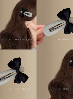 韩国新款蝴蝶结黑色灰色发夹BB夹刘海夹简约气质miu系旅行发饰