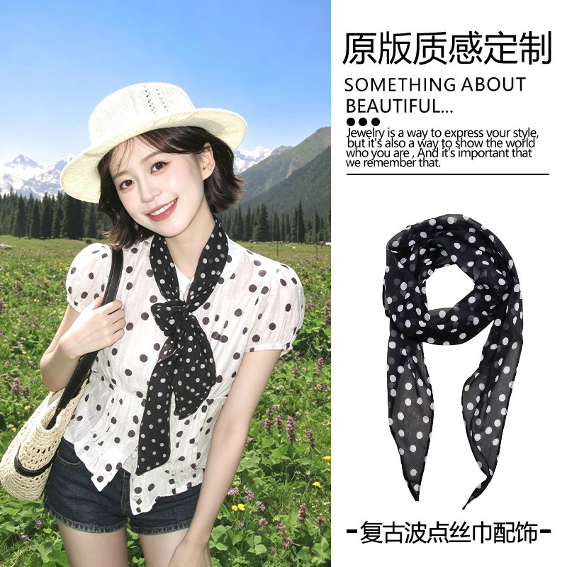 黑色波点小丝巾系脖高级感纱巾女图片