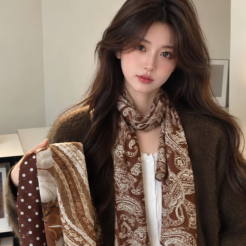 美拉德咖色腰果花长条丝巾女早秋复古设计高级感护颈领巾飘带配饰