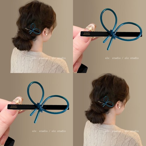 布鲁士蓝~金标蝴蝶结一字发夹