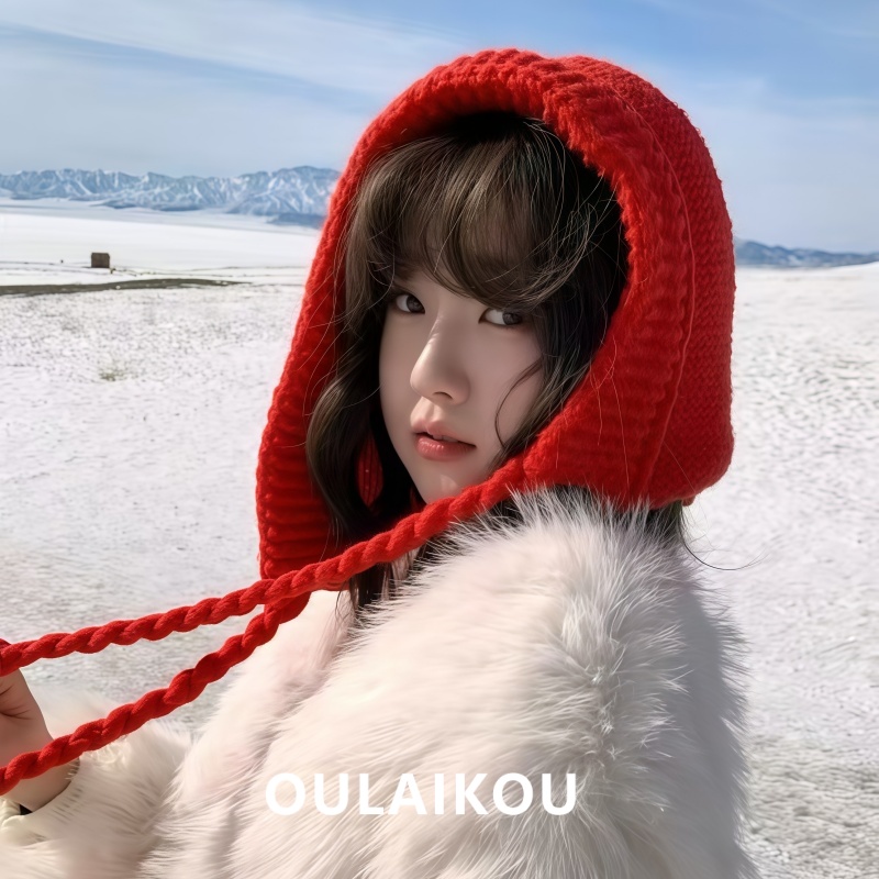 系带新年毛线线帽显脸小护耳包头