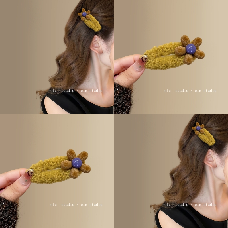聚焦颜色~复古撞色毛绒花朵发夹