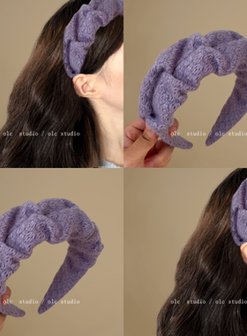 浪漫紫色！复古增颅顶褶皱毛线宽边发箍高级感温柔复古法式头箍
