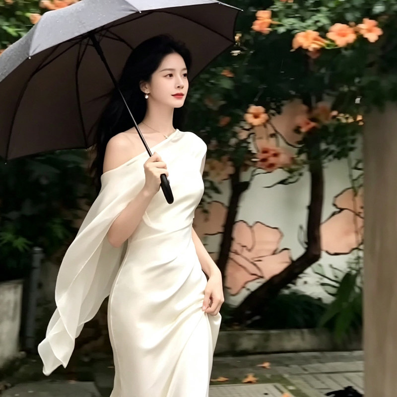超仙法式披肩白色飘带罩衫女新娘订婚礼服轻纱生日拍照小白裙外搭