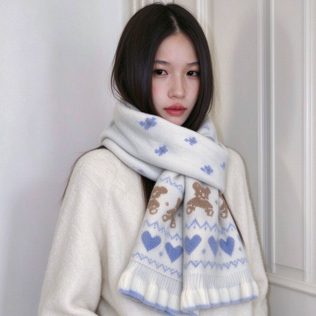 2026新款费尔岛甜美爱心小熊针织围巾女秋冬加厚保暖防寒护颈围脖