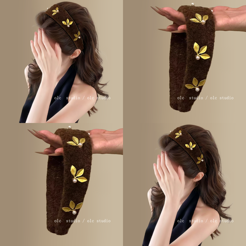 暮染棕林~秋冬新款毛呢宽边发箍复古美拉德金叶珍珠头箍盘发器女