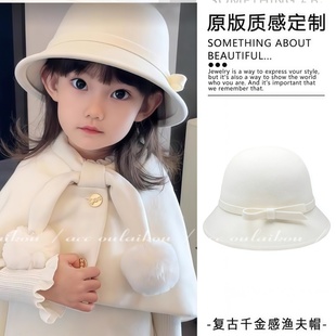 留洋大小姐白色礼帽千金风渔夫帽女童蝴蝶结盆帽子中大童秋冬新品