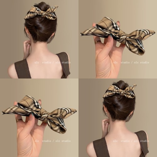 英伦学姐~复古格纹蝴蝶结鸭嘴夹