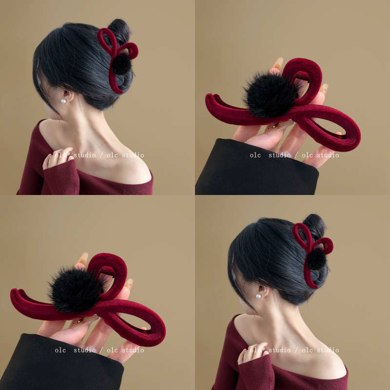 微醺樱桃酒~毛绒感球球抓夹女