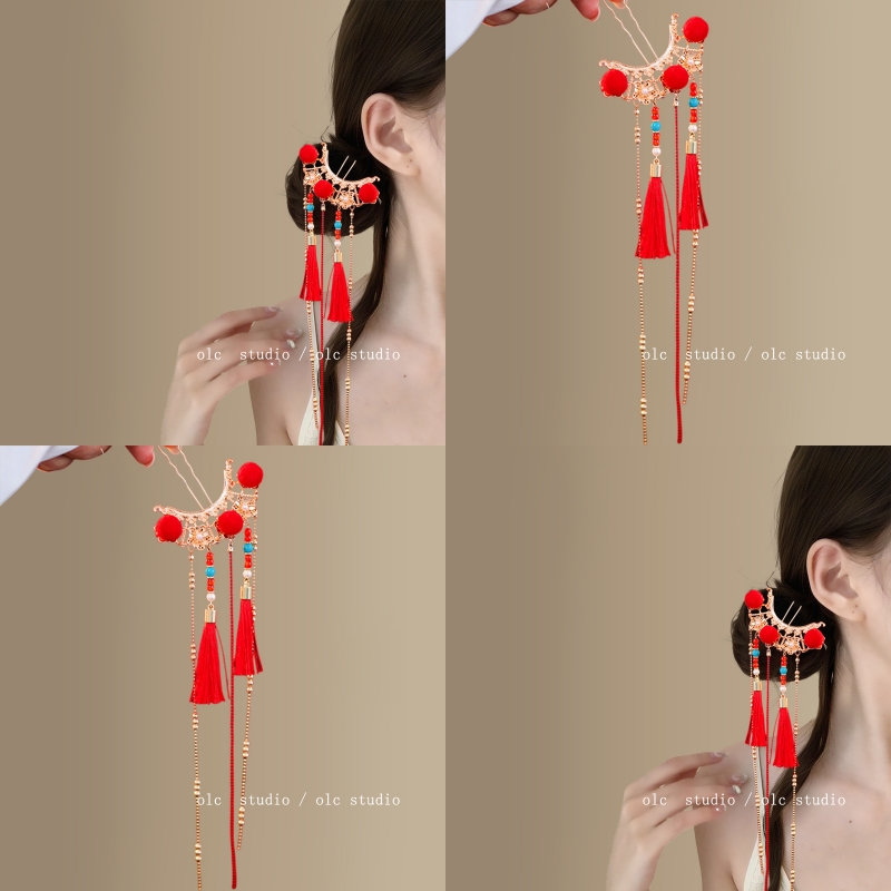 「凤栖结缘」红色毛球流苏发簪