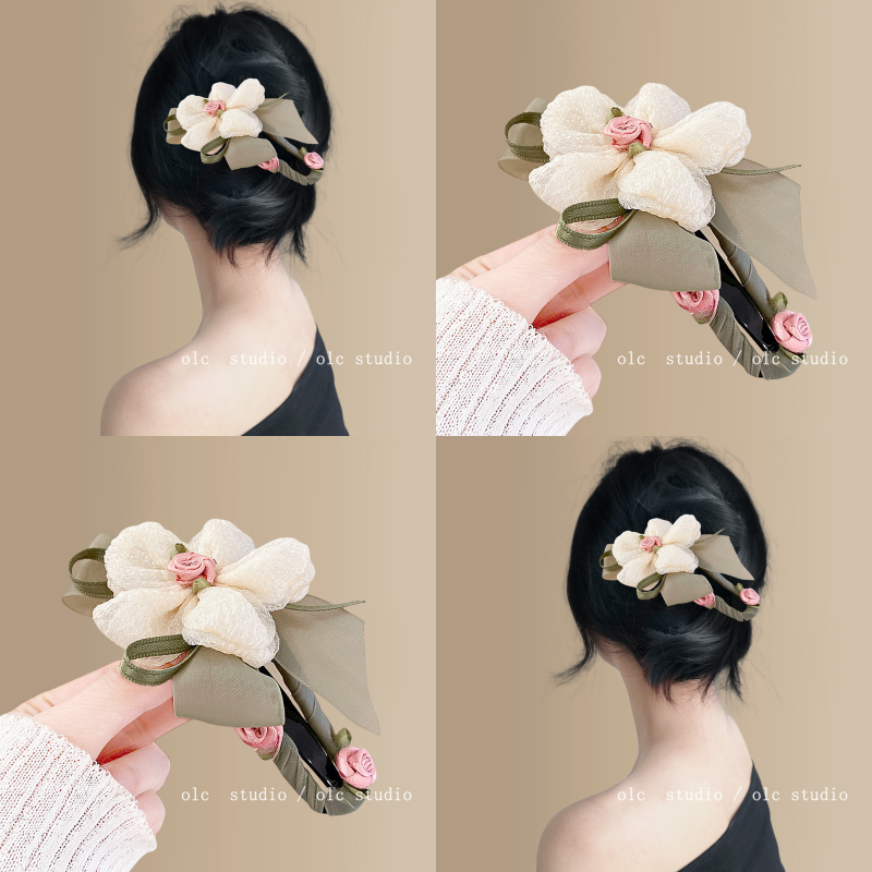 复古花房~气质花朵一字抓夹女
