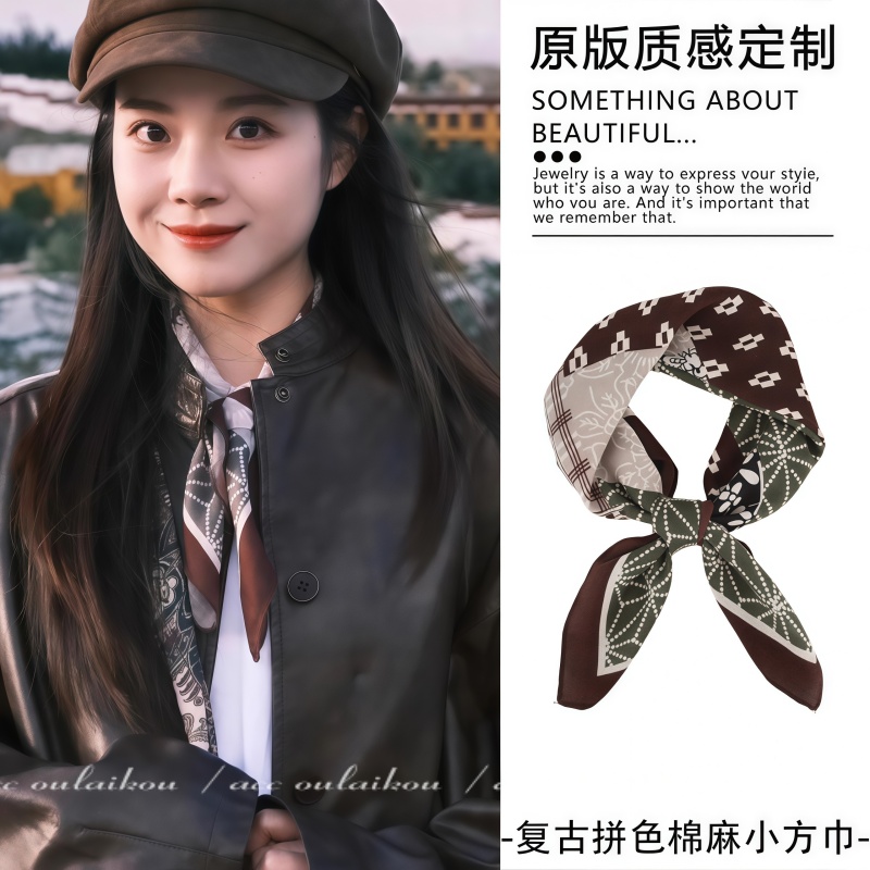 复古拼色棉麻小方巾女2025新款印花丝巾百搭气质头巾防晒围脖领巾