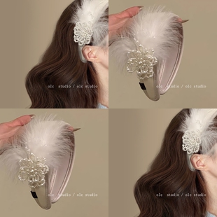 「天鹅之姿」千金感珍珠羽毛宽边发箍高级感气质压发头箍礼服旅行