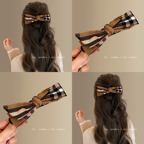英伦学姐~复古格纹蝴蝶结鸭嘴夹