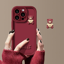 适用苹果16promax手机壳立体小熊iphone15pro保护套呆萌可爱14酒红色13女新款12p全包防摔11情侣xr网红xs磨砂