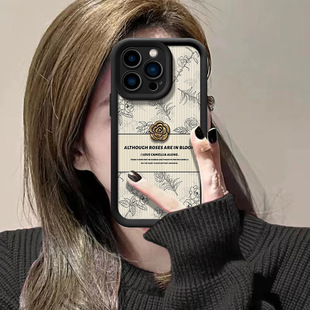 复古风素描立体山茶花适用iPhone15ProMax手机壳苹果13高级感14pro网红12女潮牌16新款 皮质创意全包防摔硅胶