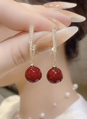 奥特莱斯清仓特价18K金红色珍珠耳环镶钻百搭耳扣耳坠耳饰女配饰