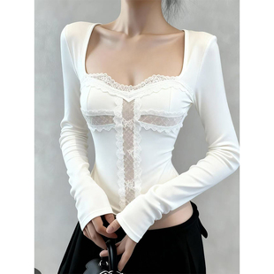 秋冬辣妹蕾丝拼接方领磨毛加绒打底衫女内搭修身正肩长袖t恤上衣