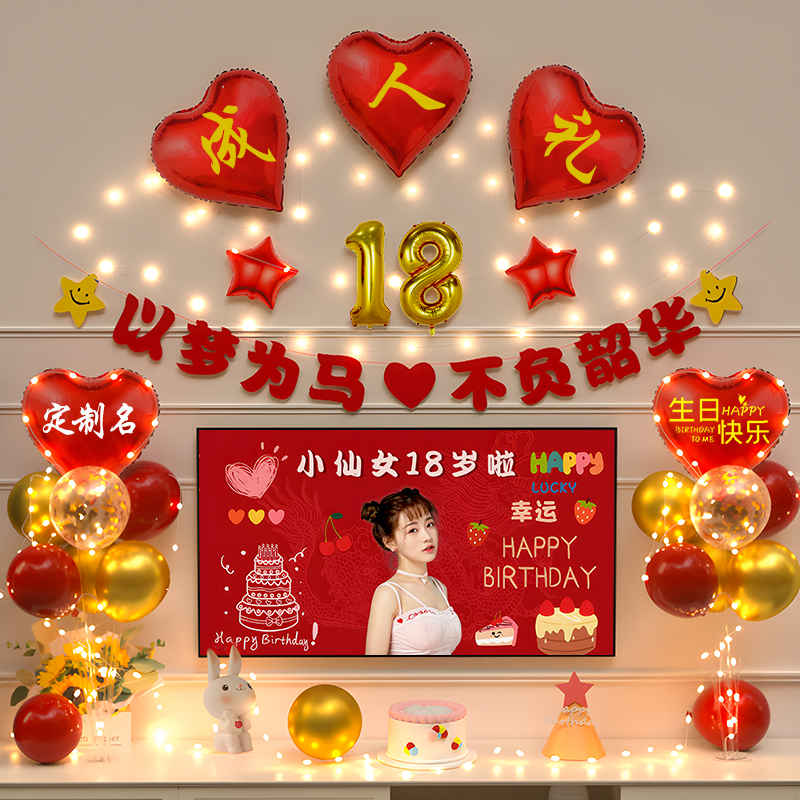 18岁成人礼男女孩生日装饰快乐氛围场景客厅背景墙布置气球高级感