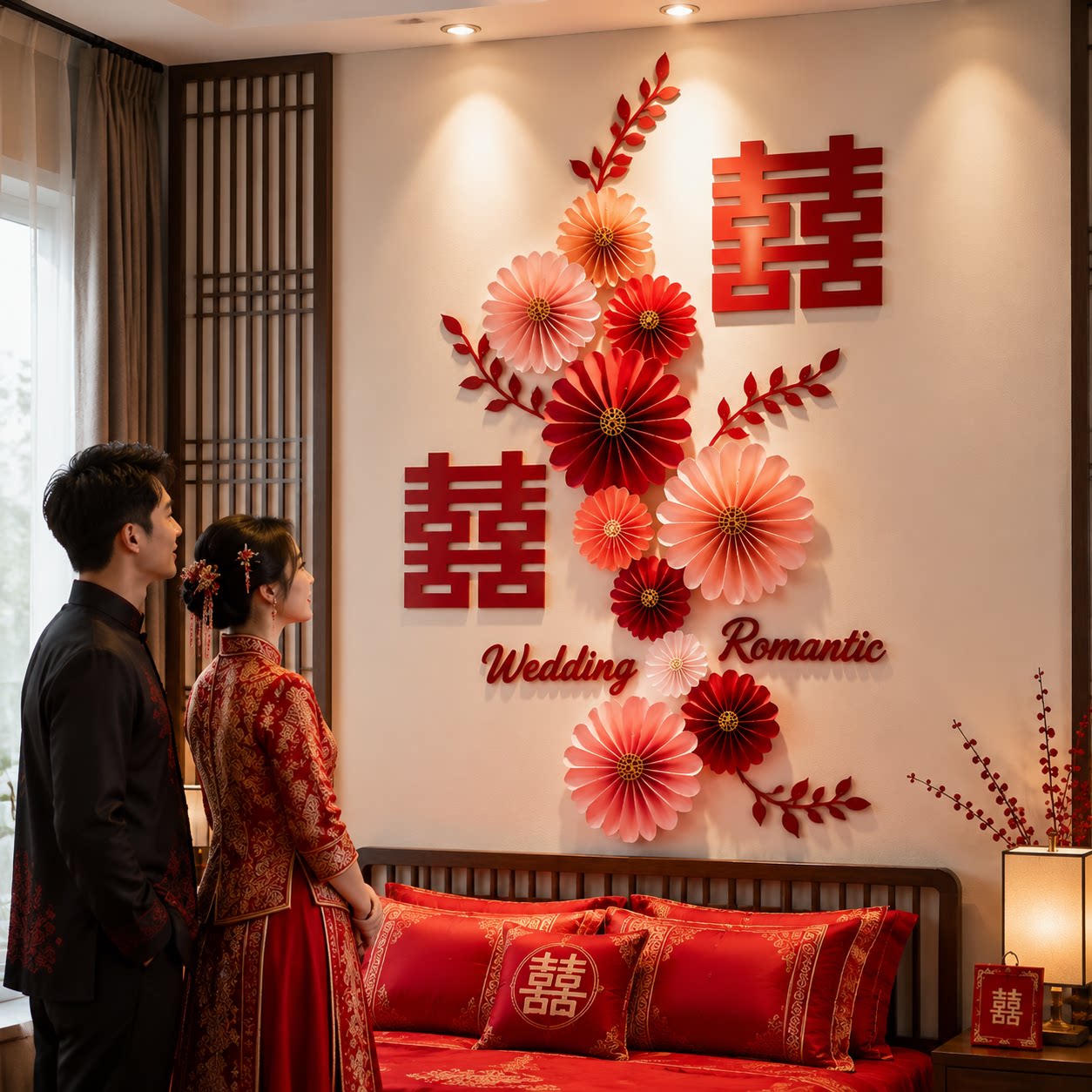 结婚婚房布置喜字客厅卧室玄关装饰婚礼纸扇花创意背景墙装饰拉花