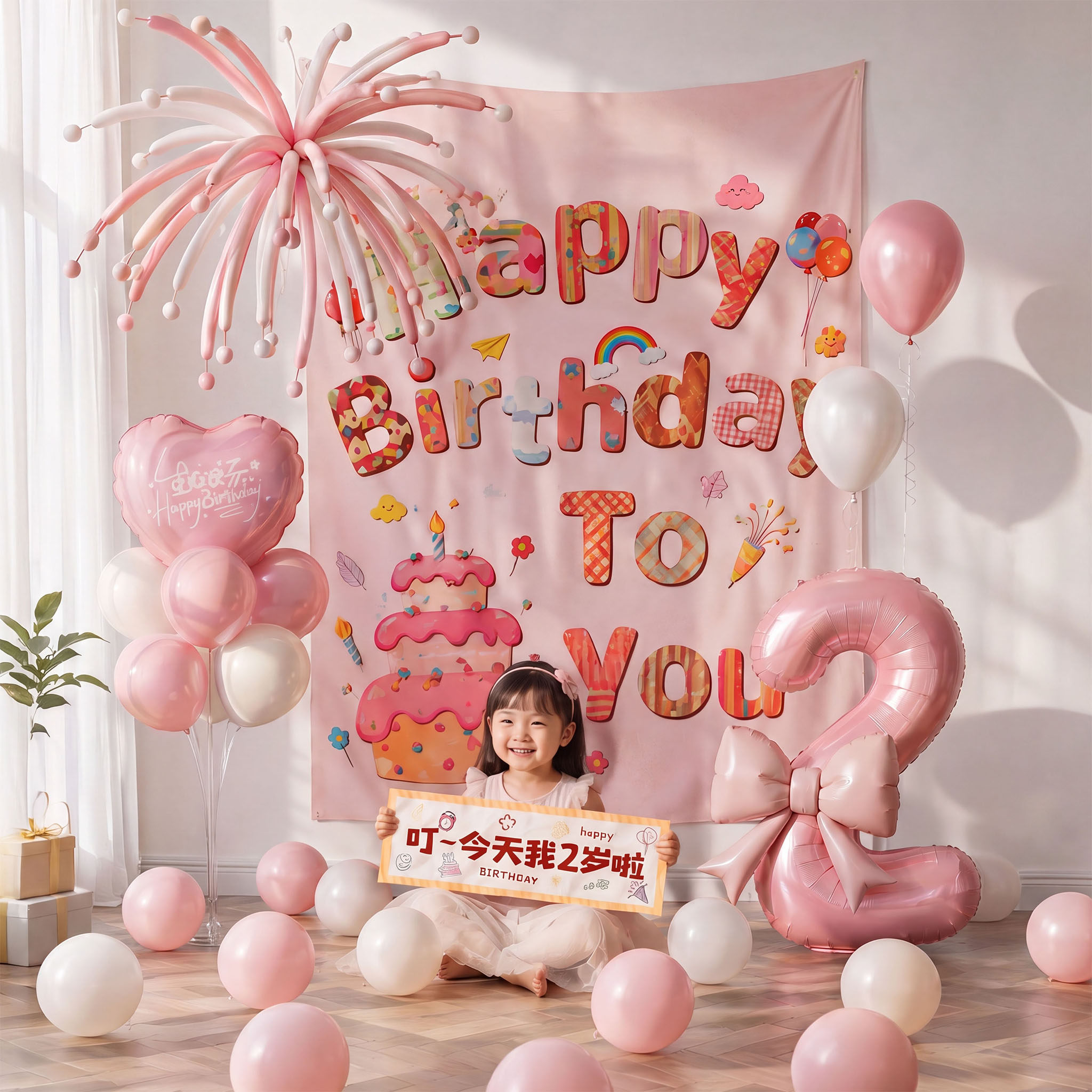 2岁小女孩粉色生日快乐数字气球装饰场景布置女童氛围仪式感派对3