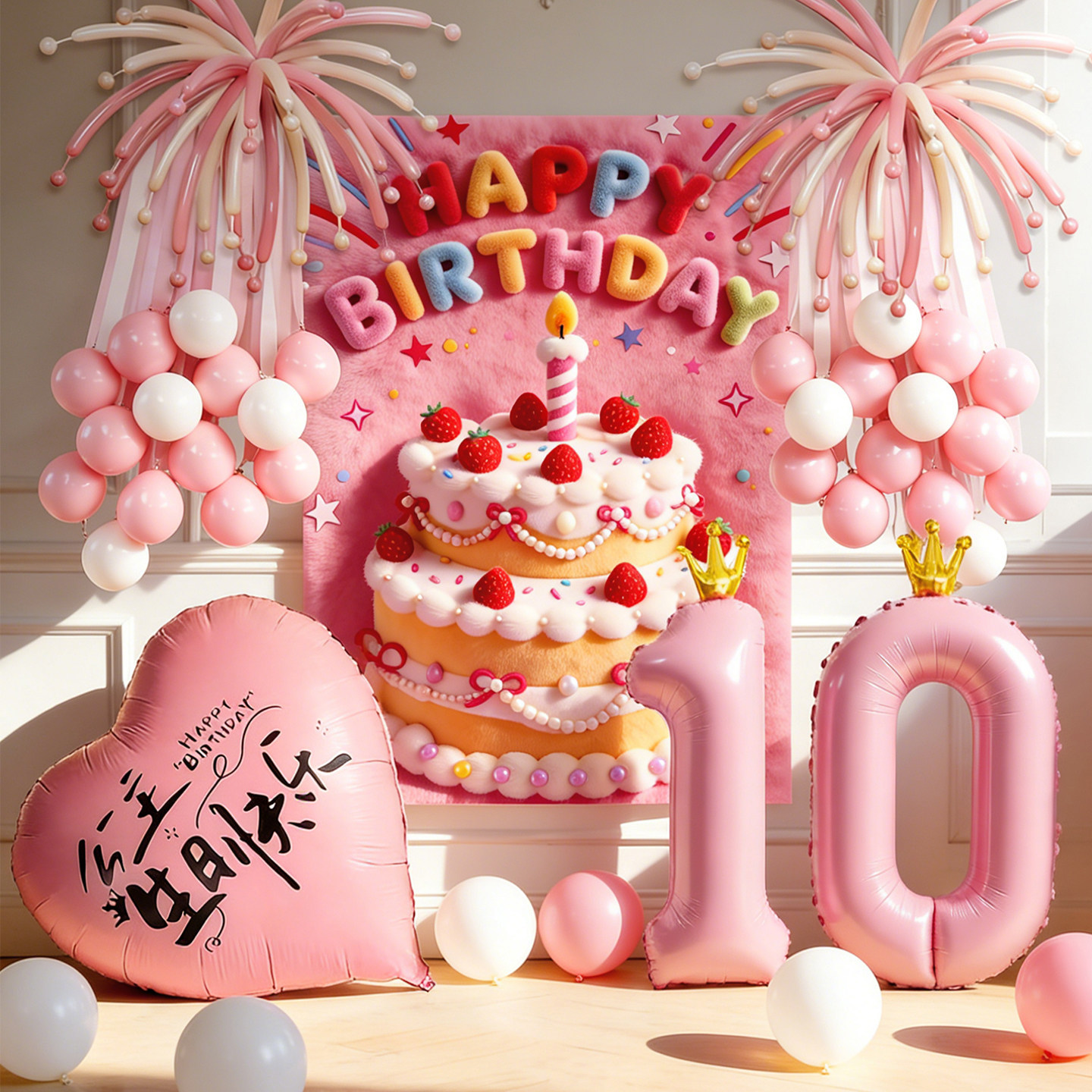 女孩10周岁生日场景布置装饰背景布儿童气球粉色派对氛围感道具