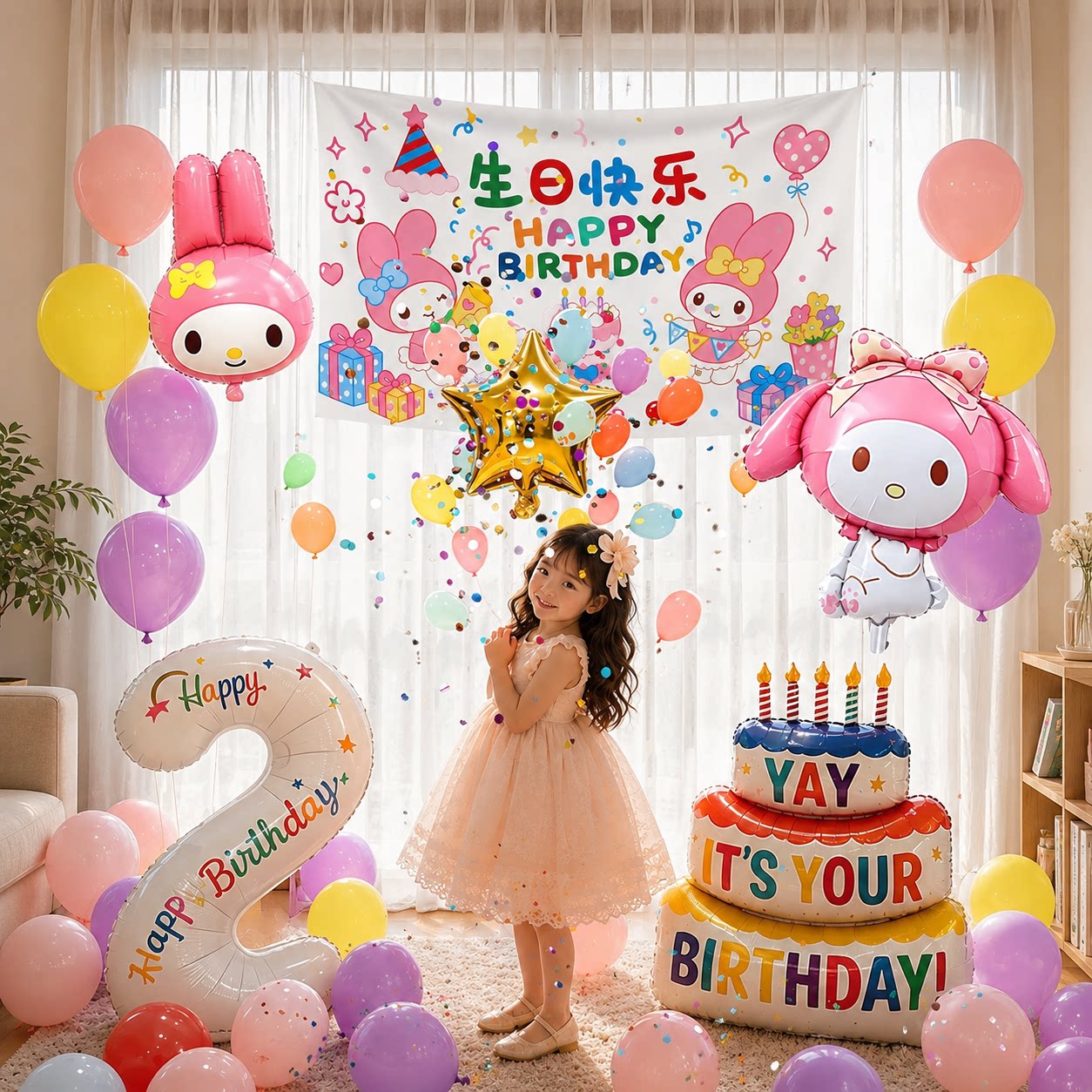 美乐蒂主题生日网红气球雨拉绳2周岁小女孩场景布置装饰儿童派对3