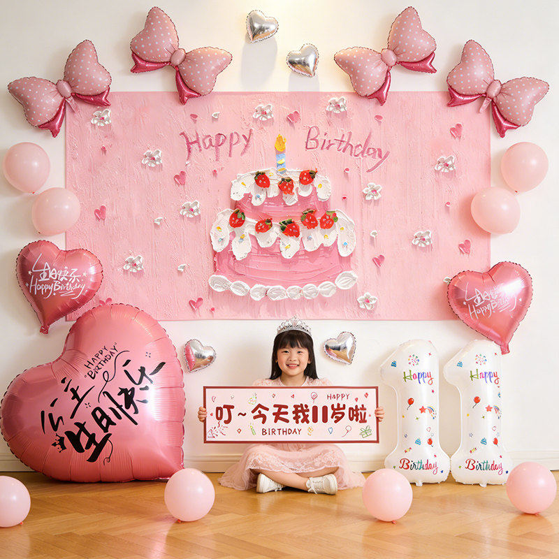 小女孩过生日场景布置装饰仪式感派对粉色气球公主快乐家庭背景墙
