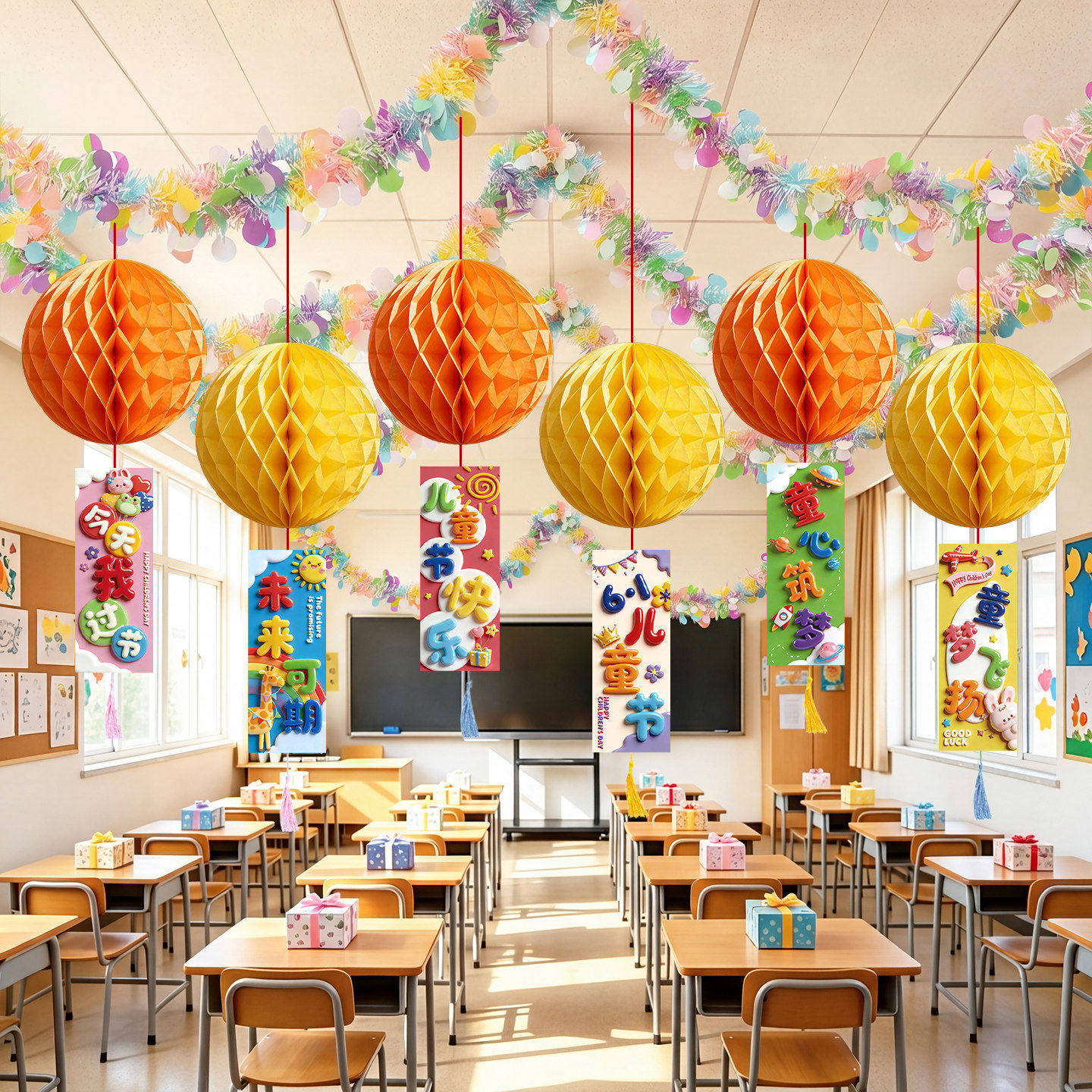 马卡龙毛条装饰幼儿园小学校教室六一儿童节生日拉花彩带场景布置