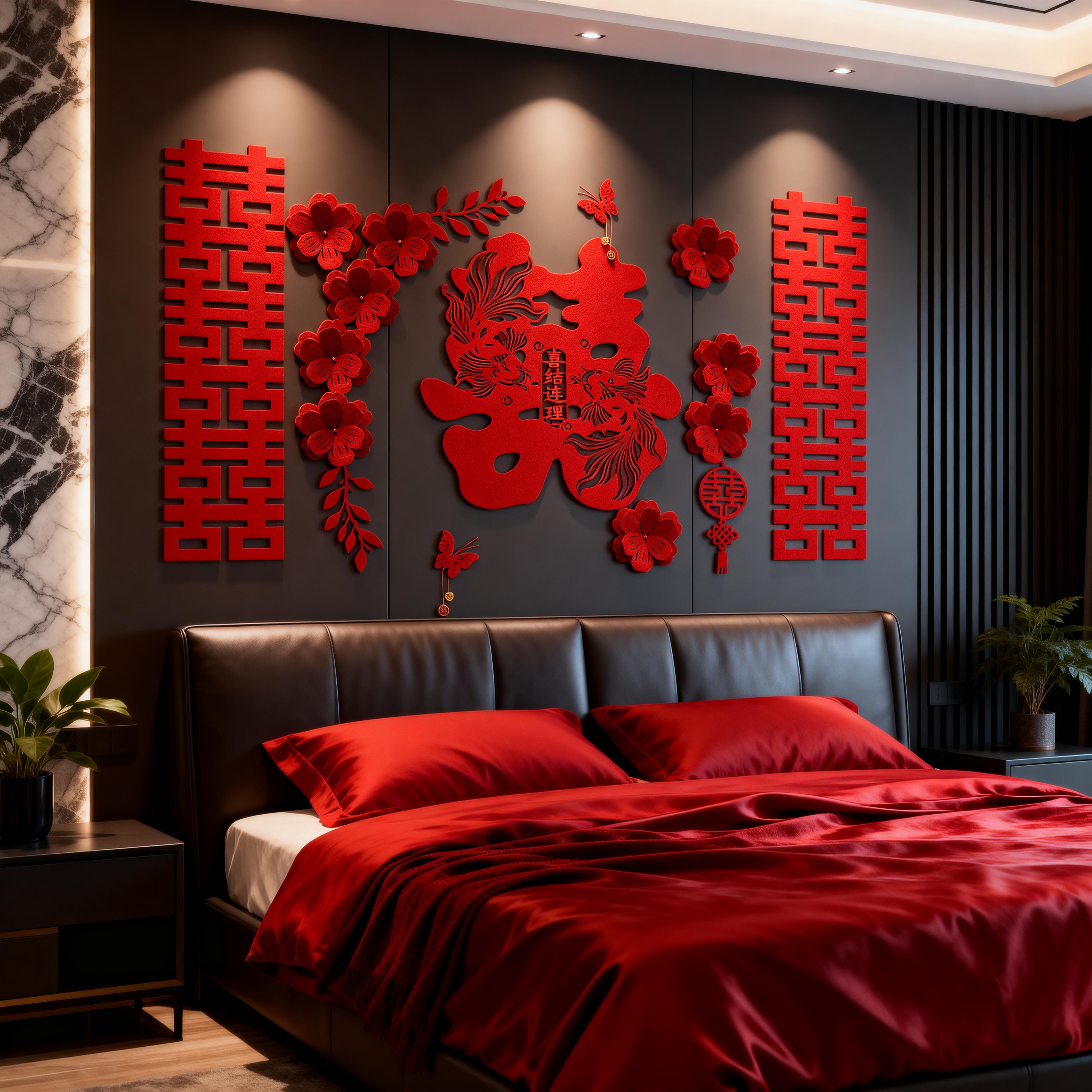 婚房布置女方卧室结婚床头新房客厅沙发背景墙男喜字装饰套装房间