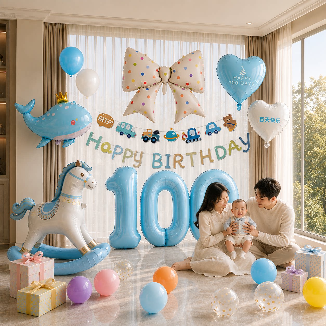 马宝宝100百天满月百日宴气球氛围婴儿场景布置背景装饰拍照道具