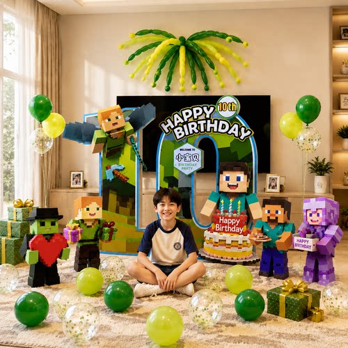 我的世界主题生日派对装饰场景布置十10岁男孩儿童氛围背景墙kt板