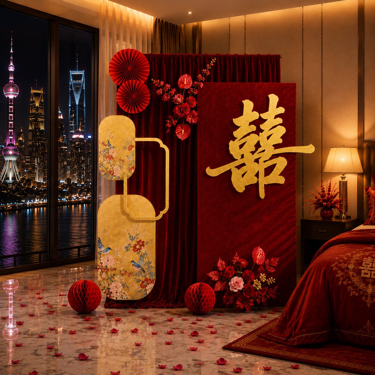 国风红金囍字订婚婚礼KT板布置图片