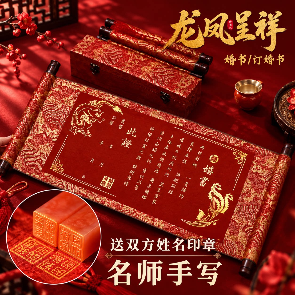 名师手写龙凤呈祥婚书订婚书卷轴图片