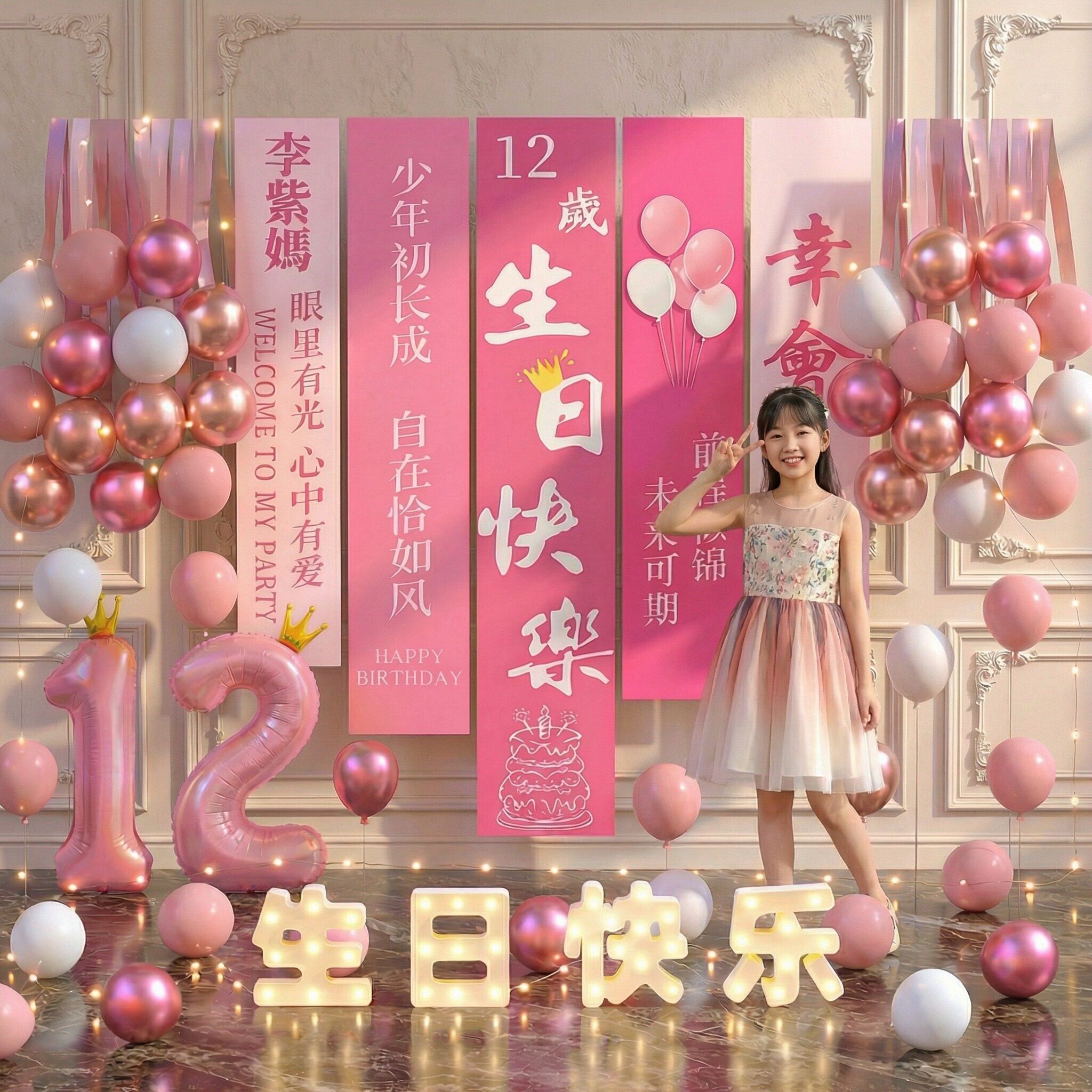 12岁生日成长礼快乐小女孩氛围感气球装饰布置挂布场景背景道具10