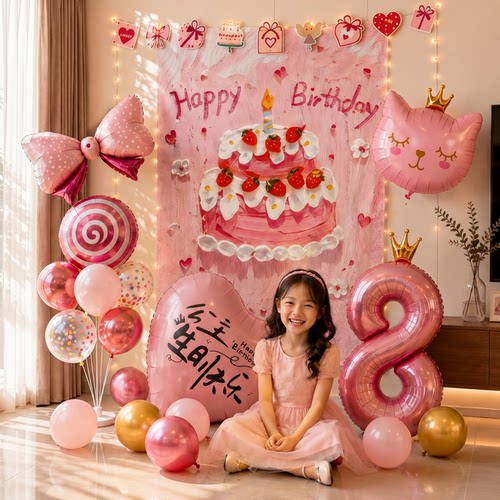 儿童宝宝女童8岁生日快乐仪式感女孩气球背景墙氛围场景装饰布置7