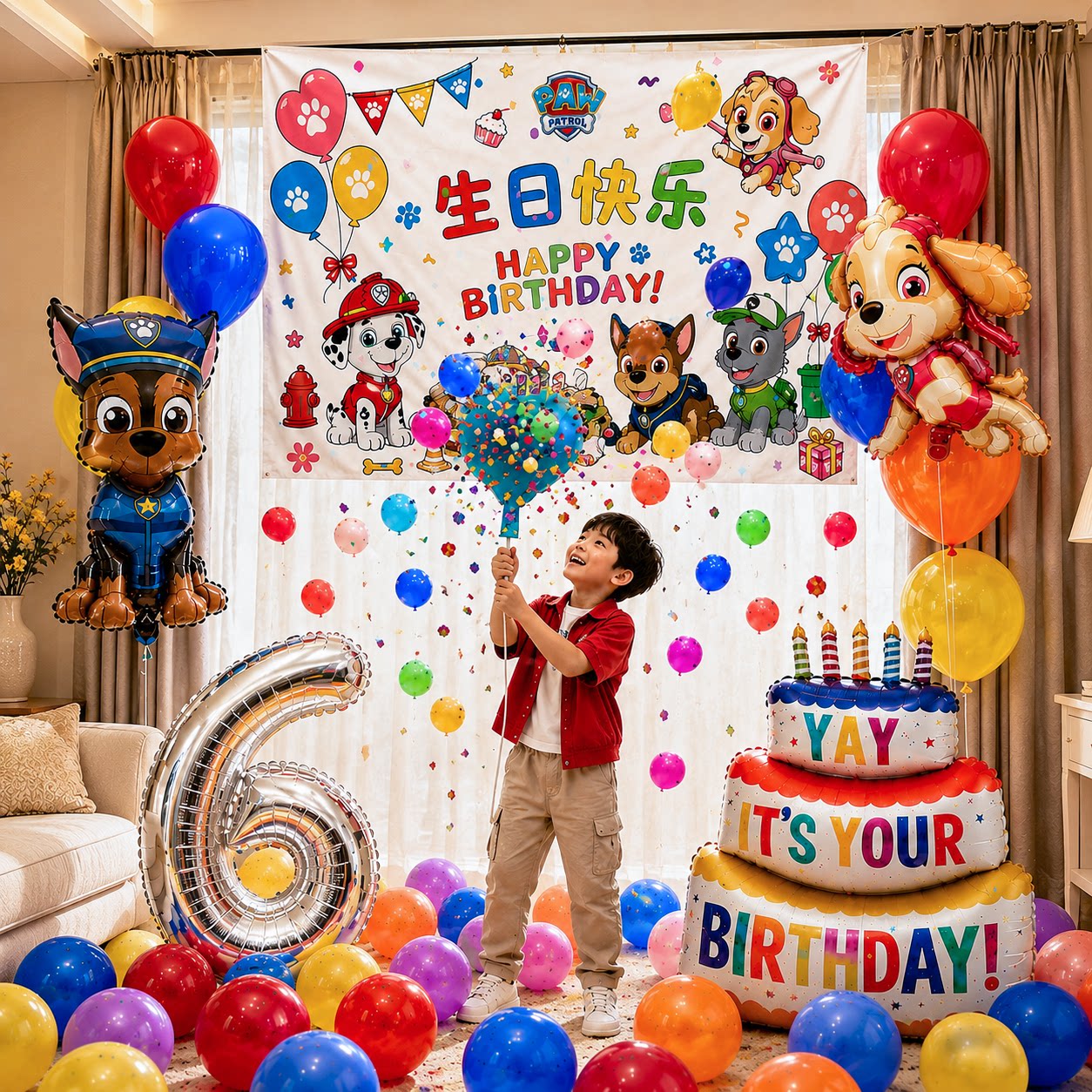 汪汪队儿童男孩生日场景布置装饰女孩1岁2岁3气球雨拉绳挂布周岁