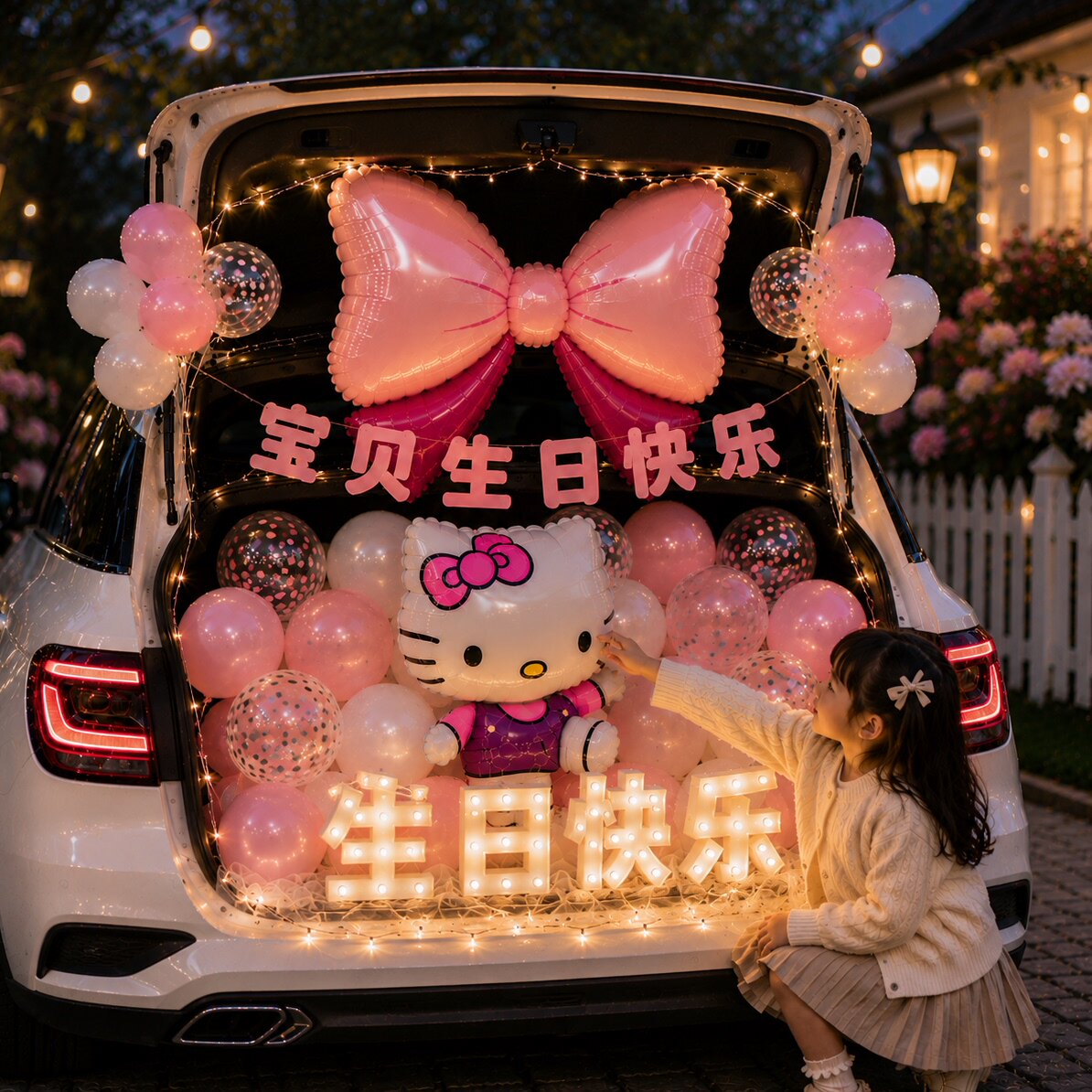 汽车后备箱惊喜生日女儿布置快乐仪式感小女孩灯串氛围装饰灯车尾