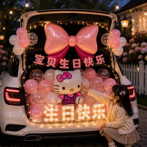 汽车后备箱惊喜生日女儿布置快乐仪式感小女孩灯串氛围装饰灯车尾