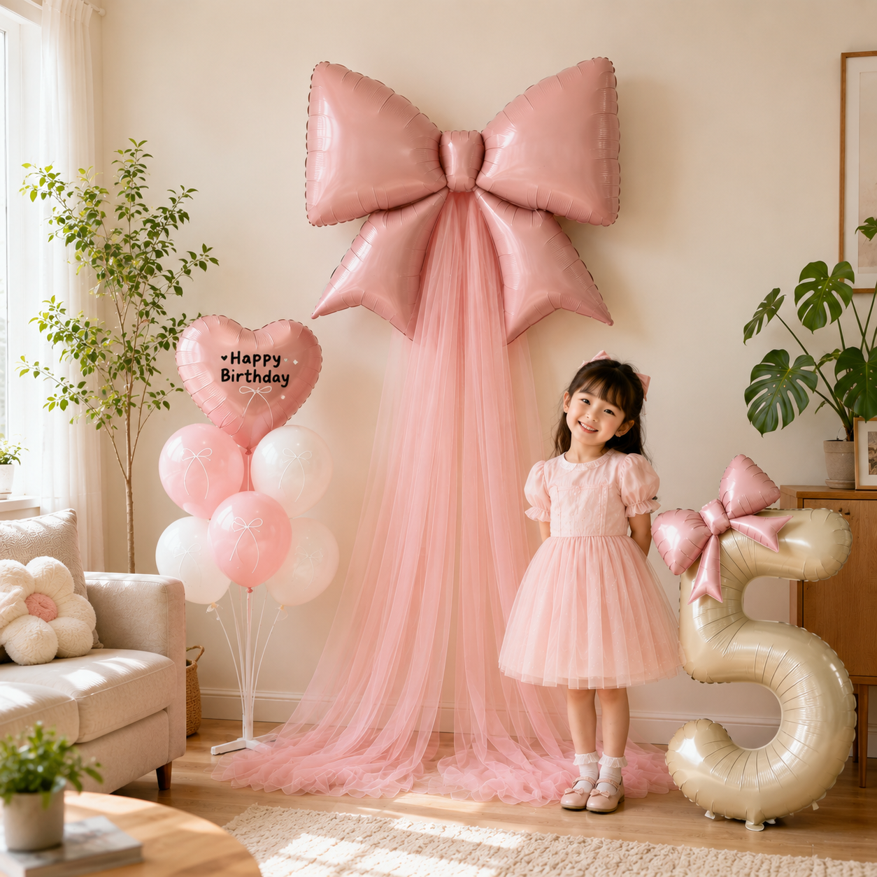 蝴蝶结网纱幔气球立柱女孩生日布置装饰结婚礼婚房仪式感拍照道具