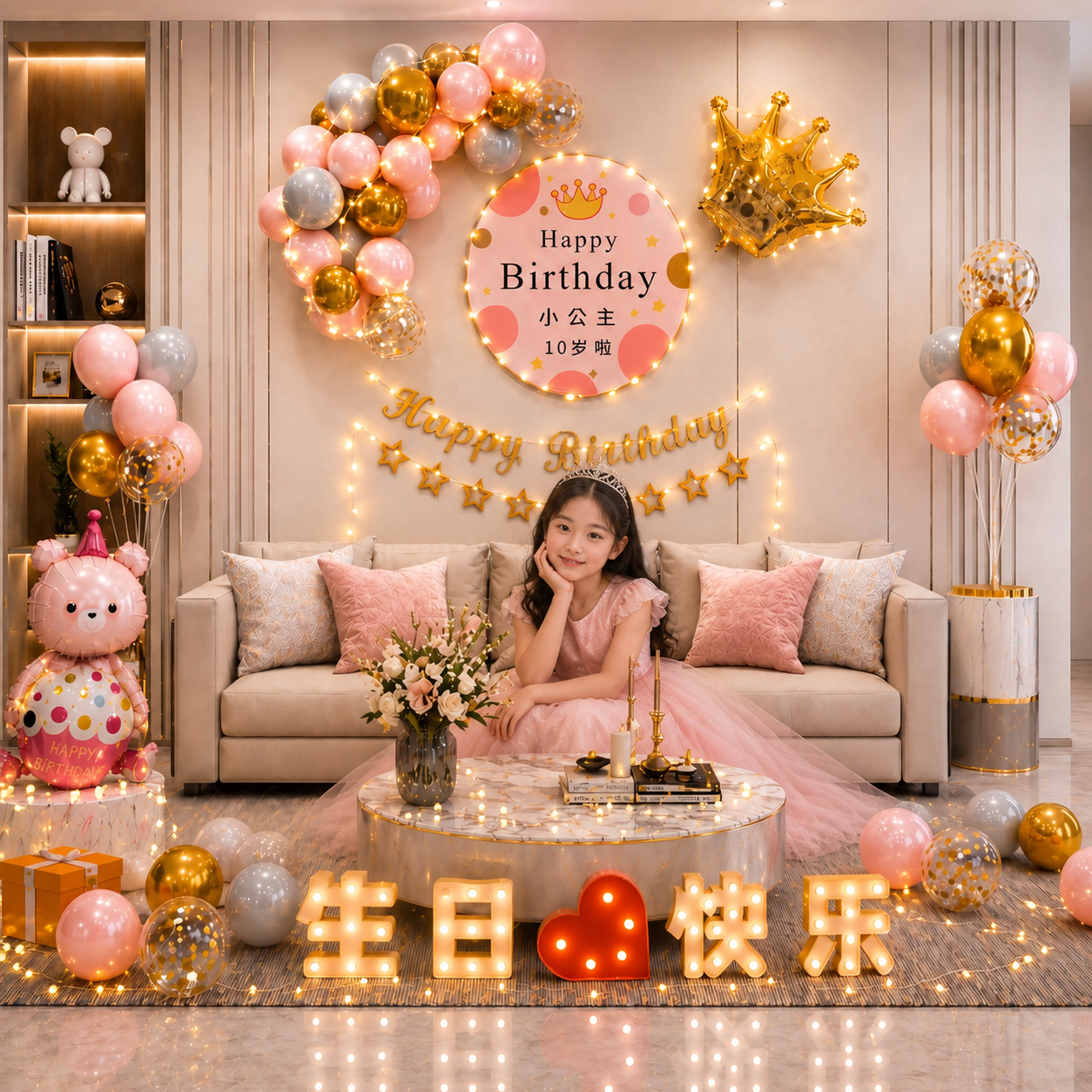 女孩10岁生日快乐仪式感派对周岁场景布置装饰气球背景海报定制十
